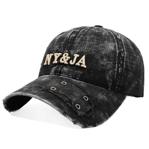Casquette de baseball vintage noire délavée avec broderie NY&JA et œillets métalliques