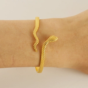 18K gold plated stainless steel snake-shaped open bracelet with textured scales design