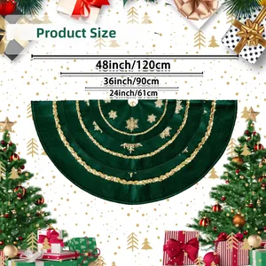 Size chart showing 24, 36, and 48-inch green velvet Christmas tree skirts with gold sequins