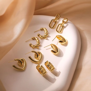 Vintage Copper Stud Earrings With 925 Sterling Silver Post 18K Gold Plated Irregular Geometric Heart Pea Shaped Earrings For Women