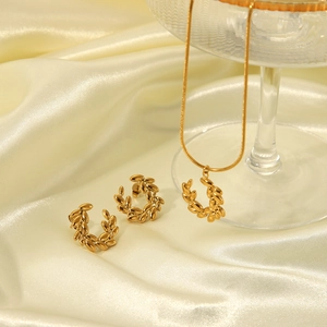Gold Stainless Steel Wheat Ear Leaf Wreath Necklace And Earrings Jewelry Set Fashion Snake Bone Chain For Women