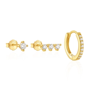 Macro view of 3-piece gold S925 silver earring set with turquoise and white zircon