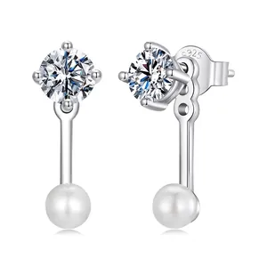 Moissanite Shell Artificial Pearl Stud Earrings 925 Sterling Silver Front Back Design Elegant Jewelry For Women