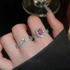 Oval Pink Zircon Open Ring Copper With Silver Tone Adjustable Vintage Elegant Finger Jewelry For Women Accessories