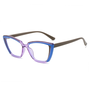 Square cat-eye glasses frame with purple and blue color blocking in a TR90 material