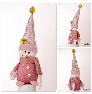 Detailed multi-angle views of a pink plush snowman with sequins and a fuzzy scarf