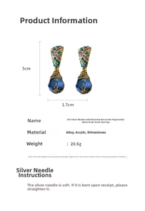 Détail de la taille des boucles d'oreilles vintage avec gouttes bleues et strass