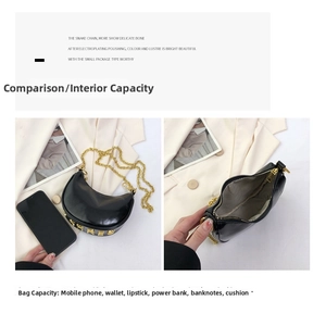Detail of black glossy half-moon bag capacity and size comparison with smartphone