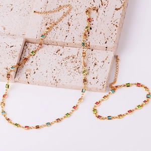 18K gold plated necklace and bracelet set with colorful square zircon crystals