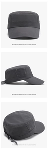 Three-way view of dark grey military cap with side metal vents and adjustable strap
