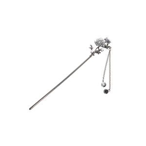 Detailed silver hair pin with hollow rose, pearls and elegant metal tassel chains