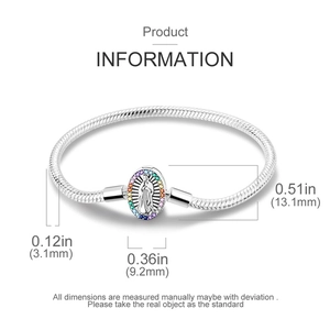 Detailed dimensions of Virgin Mary pendant on 3.1mm silver snake chain bracelet