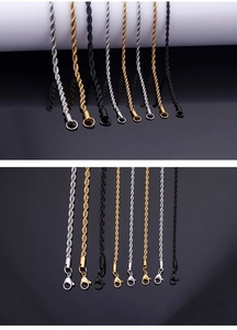 Detail of twisted rope chains in gold silver and black with lobster and ring clasps
