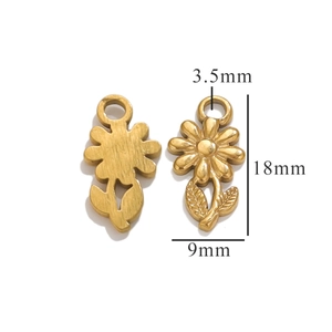 Macro detail of golden daisy flower pendant showing dimensions 18mm height and 9mm width