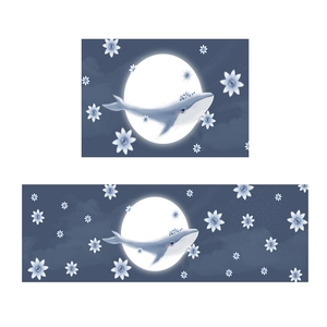 Minimalist whale and moon illustration kitchen mat with crystal velvet texture and floral detail