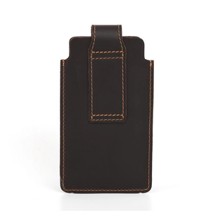 Detail of crazy horse leather phone holster showing vintage stitching and rich brown texture