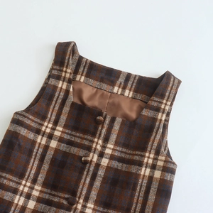 Retro plaid shift dress with square neckline and button details in brown woven fabric