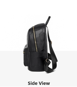 Side view of black leather backpack featuring gold zippers and adjustable textile straps