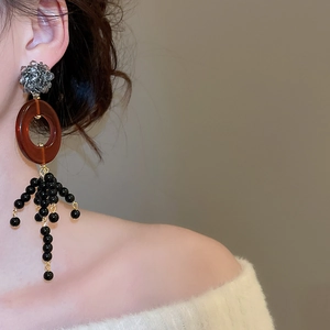 Close-up of ethnic fringe earrings with crystal beads and metal chains worn by a model