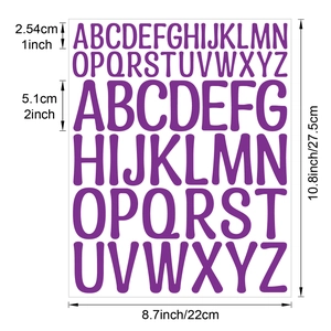 Detail of purple waterproof vinyl letter stickers showing 1 and 2 inch height specs