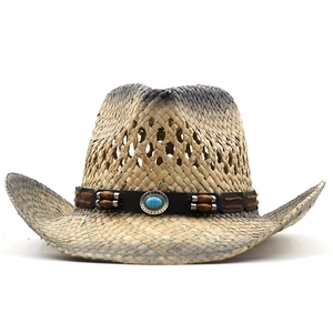 Chapeau de cowboy en paille pour homme avec pierre turquoise et dégradé de style rétro