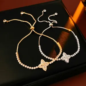 Adjustable Flower Bracelet Cubic Zirconia Copper Sparkly Luxury Elegant Hand Jewelry Gift For Women