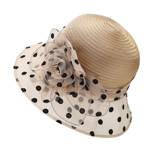 Elegant women's beige organza sun hat with black polka dots and a large 3D floral decoration