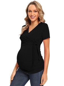 Damen Umstands-T-Shirt mit V-Ausschnitt und seitlicher Knotung in Schwarz