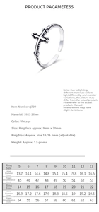 Size chart for S925 sterling silver vintage cross ring showing ring diameters and dimensions
