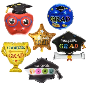 Set of 6 graduation foil balloons including trophy, apple, and doctorate cap shapes