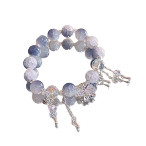 Double butterfly beaded bracelet with blue-purple agate and faceted crystal accents