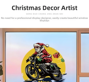 Close-up of Santa Claus riding a vintage motorcycle static window sticker decoration