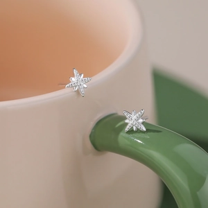 S999 Sterling Silver Eight-Pointed Star Stud Earrings Shiny Rhinestone Inlaid Minimalist Jewelry For Women Silver Small Star Earrings