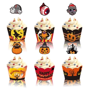 Halloween cupcake wrappers and toppers set with spooky orange and black party patterns