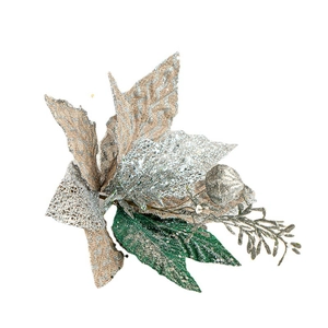 Sparkly glitter artificial Christmas flowers for tree decoration in gold and silver