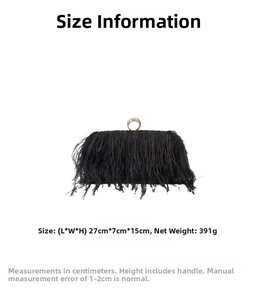 Black ostrich feather evening bag detail with dimensions 27x7x15cm and diamond ring handle
