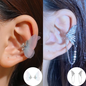 Elegant blue butterfly ear cuffs with tulle wings and rhinestone fringe for women