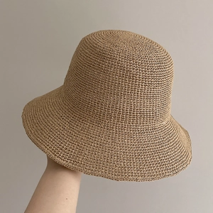 Handmade Crochet Straw Bucket Hat Wide Brim Sun Protection Summer Beach Fisherman Hat For Women Foldable Breathable