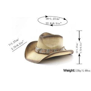 Detail shot of straw cowboy hat showing bull head emblem and measurement labels
