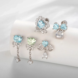 Heart Bow Cartilage Piercing Ear Stud With Light Blue Cubic Zirconia Alloy Dangle Helix Jewelry Women