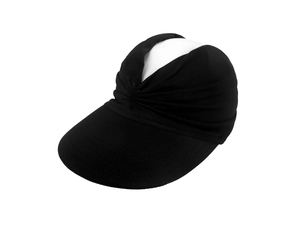 Detail of black pleated sun visor hat with wide brim for outdoor UV protection