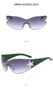 Detail view of Y2K sunglasses with green temples and silver star metal decoration