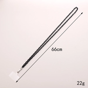 Black acrylic crossbody phone chain with length and weight markers on white background