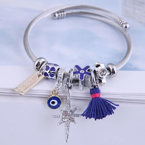 Ethnic Evil Eye beaded stainless steel charm bracelet with blue tassel and crystals