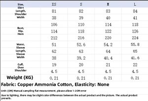 Size chart for ruffle dress showing measurements for length, bust, and cupro cotton fabric