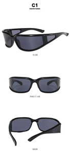 Three-way view of black Y2K sports sunglasses showing side, positive and back angles