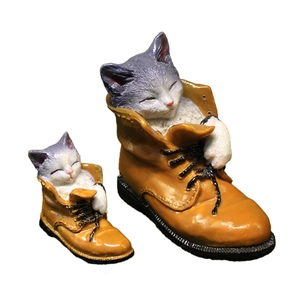 Cute resin cat figurines in yellow work boots, set of two for micro landscape garden decor