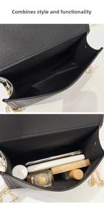 Detail view of the black crossbody bag storage capacity for phone and cosmetics