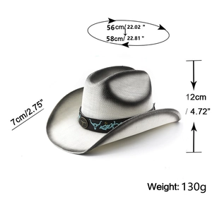 Detail showing dimensions of western straw cowboy hat with turquoise bull embroidery