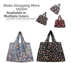 Collage showing multiple patterns of foldable waterproof floral reusable shopping bags